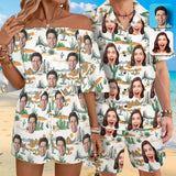 Couple Matching Hawaiian Set Romper Custom Face Men's Hawaiian Shirt Set Women's Off Shoulder Knot Front Pocket Romper For Summer Beach Holiday