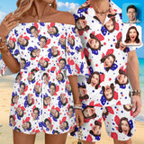 Couple Matching Hawaiian Set Romper Custom Face Pentagon Butterfly Men's Hawaiian Shirt Set Women's Off Shoulder Knot Front Pocket Romper For Summer Beach Holiday