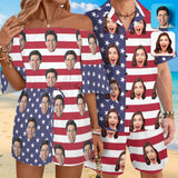 Couple Matching Hawaiian Set Romper Custom Face American Flag Men's Hawaiian Shirt Set Women's Off Shoulder Knot Front Pocket Romper For Summer Beach Holiday