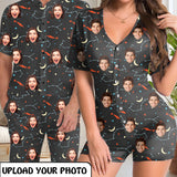 Couple Matching Short Sleeve Onesies Pajamas Custom Face Moon Women's V-Neck Button Jumpsuit Men's Rompers