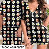 Couple Matching Short Sleeve Onesies Pajamas Custom Face Flowers Women's V-Neck Button Jumpsuit Men's Rompers