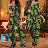 Custom Face Christmas Gift Green Satin Women's Three-Piece Pocket Cami Pajama Robe Set