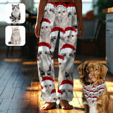 Custom Face Cat Christmas Red Hat Pajama Pants and Pet Dog Bandana