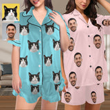 [Up To 4 Faces] Custom Face Pajama Set Solid Color Loungewear Personalized Photo Sleepwear Women's V-Neck Short Pajama Set