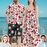 Couple Hawaiian Dress Set Custom Face Love Heart Men's Hawaiian Shirt Set Women's V-Neck Cami Maxi Dress For Summer Beach Holiday