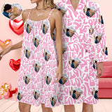 Valentine's Day Couple Matching Loungewear Custom Face Pink Love Pajama Drawstring Neck Sleeveless Dress and Belted Night Robe