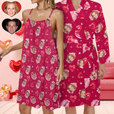 Valentine's Day Couple Matching Loungewear Custom Face Pink Red Pajama Drawstring Neck Sleeveless Dress and Belted Night Robe