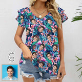 Custom Face Tropical Aloha Womens Summer Tops Ruffle Short Sleeve V Neck T-Shirts Tunic Loose Casual Tops