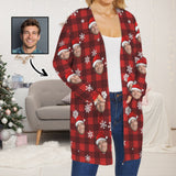 Custom Face Cardigan Ugly Christmas BuffaloCheck Sweater Women's Long Sleeve Pocket Cardigan