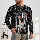 Men's Long-Sleeve Henley Shirt Custom Photo&Name American Flag Slim-Fit Cotton T-Shirt Tee Top