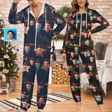 Custom Face Unisex Adult Hooded Onesie Jumpsuits with Pocket Christmas Lights Personalized Zip One-piece Pajamas