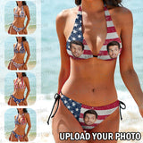 Custom Face US Flag Deep V Neck Bikini Set Halter Tie Side Low Waisted Triangle Bikini Personalized Bathing Suit Independence Day