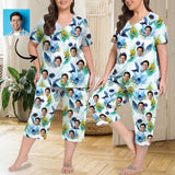 Custom Face Blue White Flowers Women's Loungewear Set Short Sleeve Shirt and Capri Pants Sleepwear Pajama Set