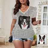 Custom Pet Face Mesh Women's V-Neck Puff Sleeve T-Shirts Personalized Summer Casual Shirt Tops for Women