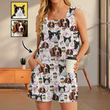 Custom Pet Face Donut Womens 2 Piece Pajama Set Sleeveless Square Neck Pocket Loungewear