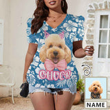 Custom Pet Face&Name Women's V-Neck Puff Sleeve T-Shirts Personalized Summer Casual Shirt Tops for Women