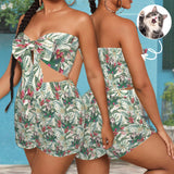 Custom Face Plant & Flower Patterns Personalized Women's Tie Front Tube Top & Shorts Set - White