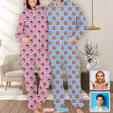 Custom Face Pink and Blue Unisex Adult Hooded Onesie Jumpsuits with Pocket Personalized Zip One-piece Pajamas for Couple Valentine's Day Gift