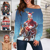 Custom Face Merry Christmas Women's Off Shoulder Tops Shirts Long Sleeve Boat Neck Blouses