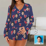 Custom Face Heart Blue Pajama Set Women's Long Sleeve Top and Shorts Loungewear Athletic Tracksuits