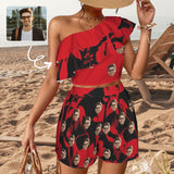 Custom Face Red Black Beach Outfits Personalized Women's One Shoulder Ruffle Trim Top & Shorts Set