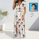 Custom Face Red Flowers Print Beach Outfits Dress Personalized Women's V-neck Split Maxi Dresses Skirt Set