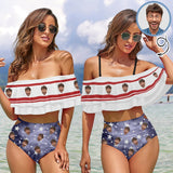 Custom Face Stars White&Blue Women's Two-Piece Off Shoulder or Sling 2 Ways to Wear Ruffle High Waisted Bikini Set