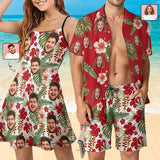 Couple Hawaiian Dress Set Cruise Outfit Custom Face Red Hawaiian Shirt Set&Dress