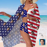 Custom Face American Flag Women's Bikini Swimsuit Long Short Kimono Chiffon Blouse Set