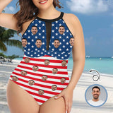 Custom Face American Flag Women's One Piece Swimsuit High Neck Plunge Mesh Ruched Monokini Swimwear