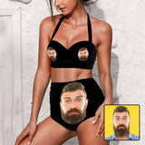 Custom Face Big Face Black Strap Personalized Two-piece Bikini Swimsuit