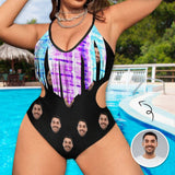 Custom Face Black Women's Fringe One Piece Swimsuit Personalized Bathing Suit for Her