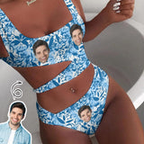 Custom Face Blue Flower Women's Waist Cutout One Piece Swimsuit Personalized Photo Bathing Suit