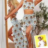 Custom Face Blue Flowers Beach Outfits Dress Personalized Women's Sleeveless Backless Crop Top & Side Slit Drawstring Skirt Set