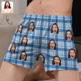 Custom Face Blue Plaid Boxer Shorts Pure Cotton Shorts for Men