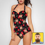 Custom Face Cherries Black Strap Personalized One-piece Retro Bikini Swimsuit Custom One Piece Bathing Suits