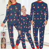 Custom Face Christmas Hat LED Lights Sleepwear Personalized Family Slumber Party Matching Long Sleeve Pajamas Set