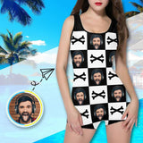 Custom Face Crossbones Swimsuit Personalized Women's One Piece Boyleg Bathing Suit Funny Gift Idea