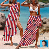 Custom Face Flag Women's Long Cover Up Skirt With Slit Swimsuit Beach Wrap For Independence Day