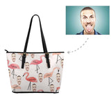 Custom Face Flamingo Leather Tote Bag