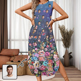 Custom Face Flower Garden Women's Round Neck Sleeveless Sundress Pocket Maxi Dress