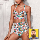 Custom Face Flowers Print White Strap Personalized Two-piece Bikini Swimsuit