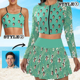 Custom Face Green Bikini Top&Bottom Women's Swim Skirt With Bottom Long Sleeve Zip Top