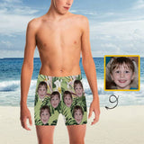 Custom Face Green Flower Big Boys' Swimming Trunks Personalized Kids' Swim Shorts Children Swimwear