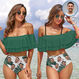 Custom Face Green Leaf Women's Two-Piece Off Shoulder or Sling 2 Ways to Wear Ruffle High Waisted Bikini Set