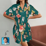 Custom Face Green Satin Nightgown For Women Silk Nightshirt Button Down Pajamas Dress Boyfriend Sleepshirt S-3XL