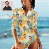 Custom Face Half Sleeve One Piece Swimsuit Personalized Yellow Flower Half Sleeve Bikini