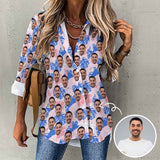 Custom Face Hawaiian Shirts Pink Blue Flower Women's Cropped Hem Casual Long Sleeve Shirt