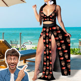 Custom Face Heart Black Women's Sexy Strap Deep V Neck 2 Piece Outfits Dress Crop Top High Split Maxi Dresses Skirt Set