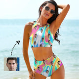 Custom Face High Crew Neck High Waisted Bikini Personalized Women's Two Piece Swimsuit Beach Outfits